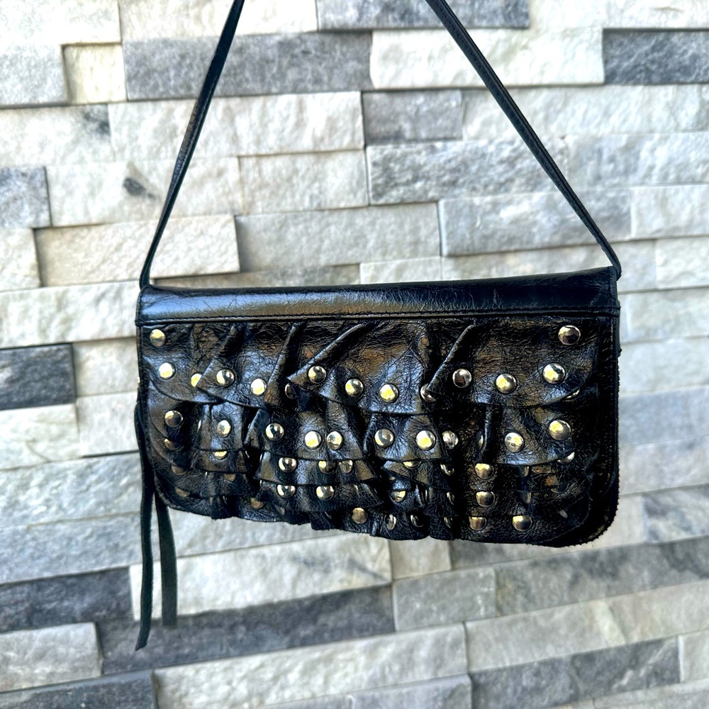 Susan Farber Y2K Leather Ruffle Studed Clutch or Crossbody Purse Black Boho
